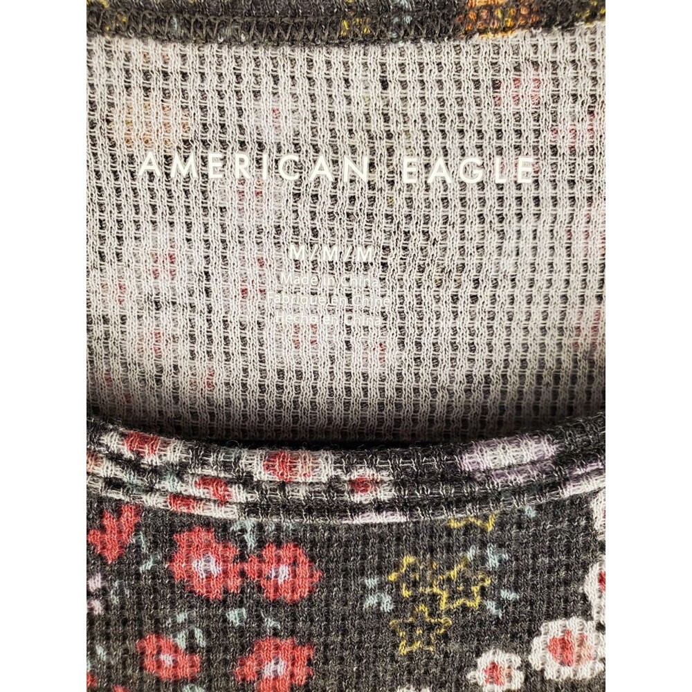 American Eagle Womens Y2K Style Floral Baby Tee Sz M Ribbed Crop - Picture 3 of 8